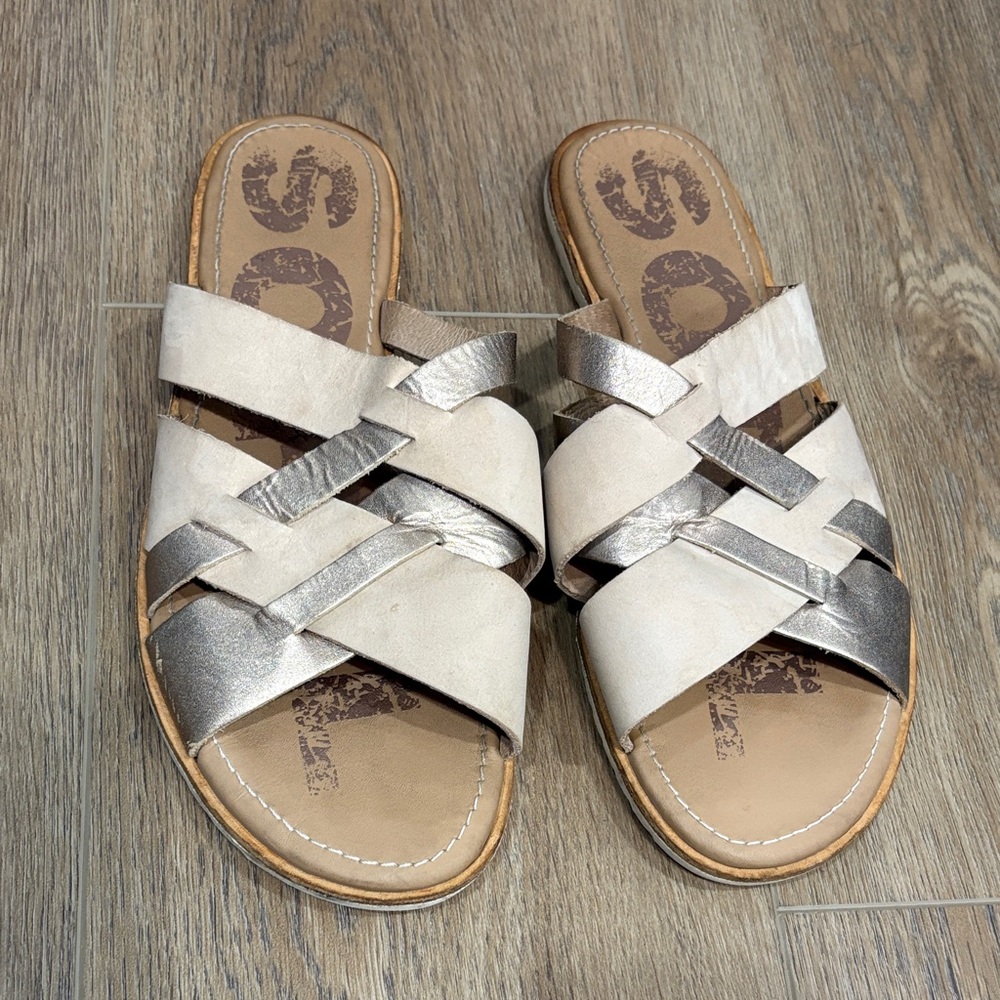 Sorel Ella Two Tone Metallic Tan Criscross Strappy Slide Sandal size 9
